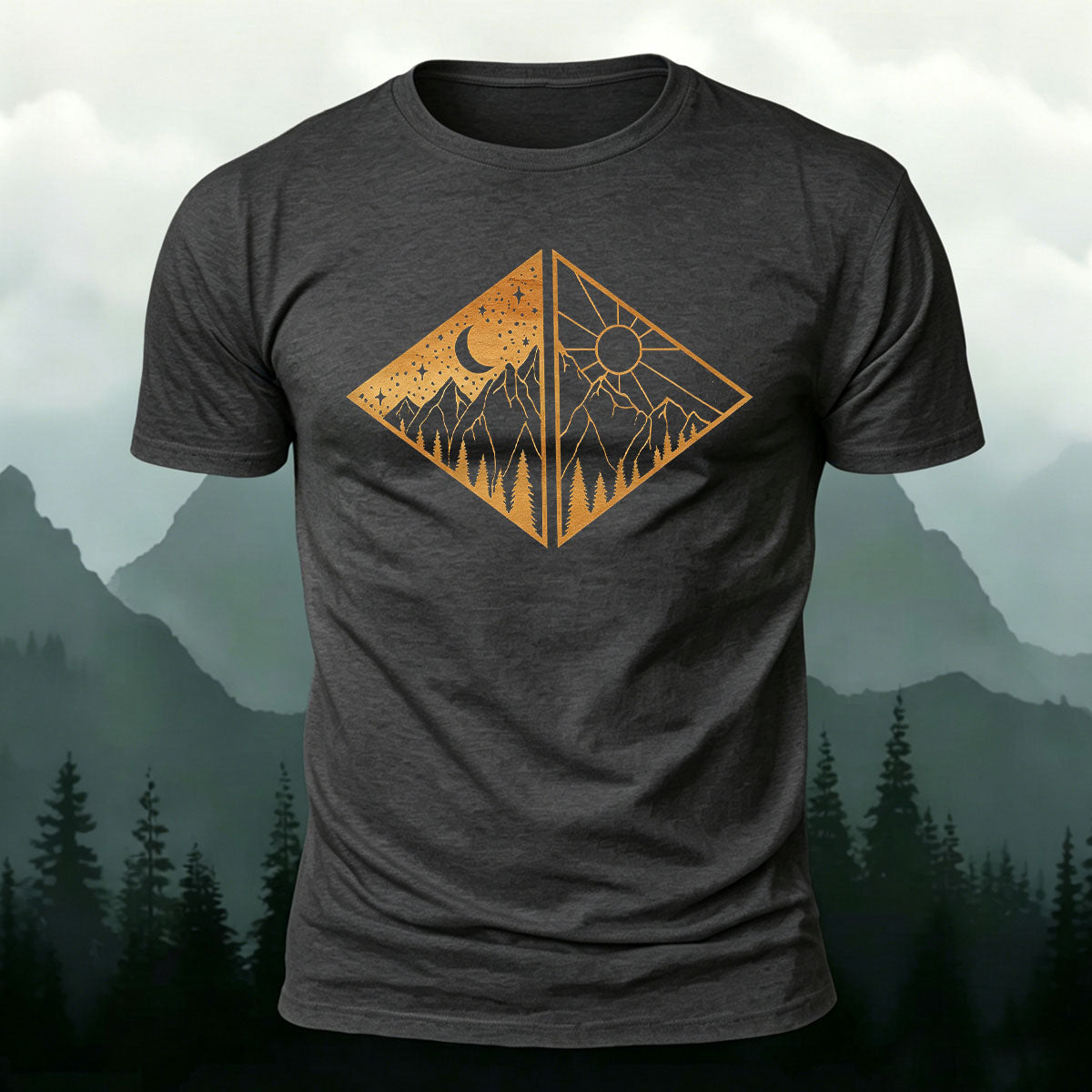 Landscape Art Frame Printed Mountain-style Casual T-Shirt Dark Grey