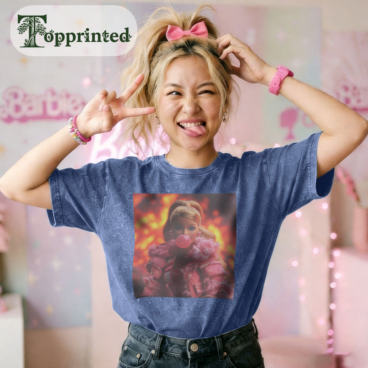 Princess Print Washed Crew Neck T-Shirt Blue