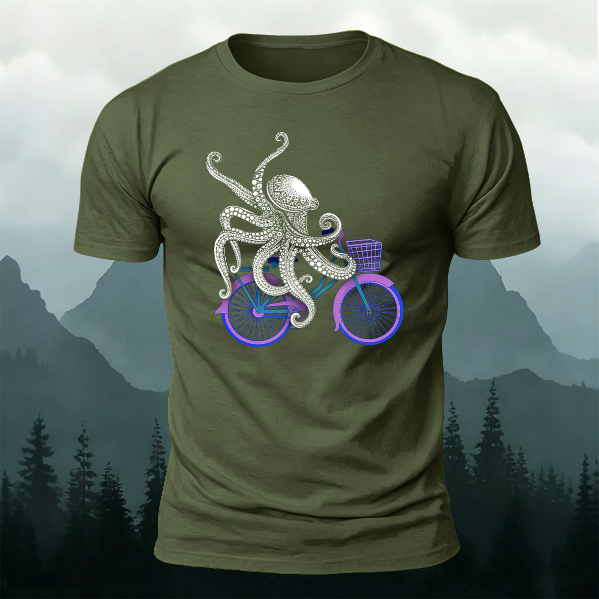Octopus Cycling Fun Print Cotton Casual T-Shirt AMG