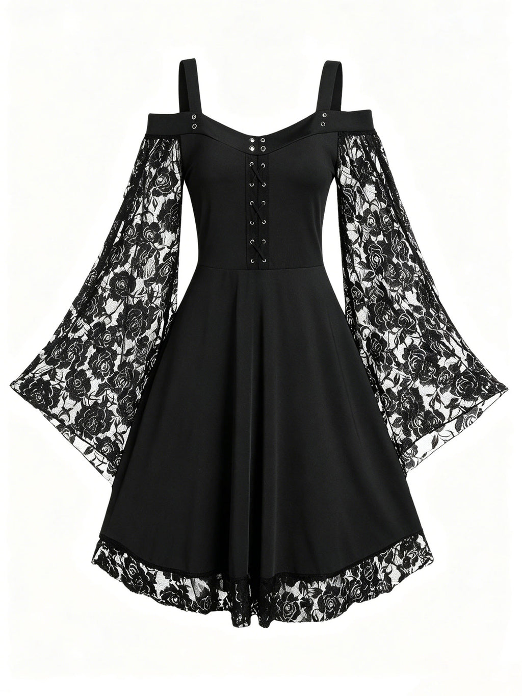 Mock Neck Bell-Sleeve Lace-Paneled Boho-Chic Retro Dress