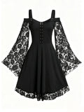 Mock Neck Bell-Sleeve Lace-Paneled Boho-Chic Retro Dress