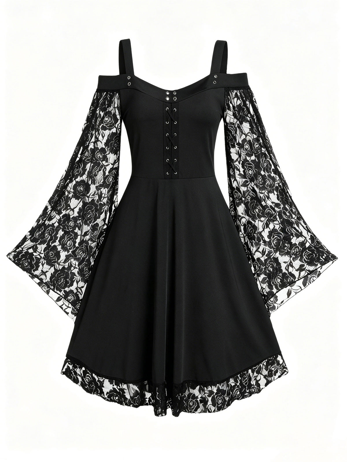Mock Neck Bell-Sleeve Lace-Paneled Boho-Chic Retro Dress