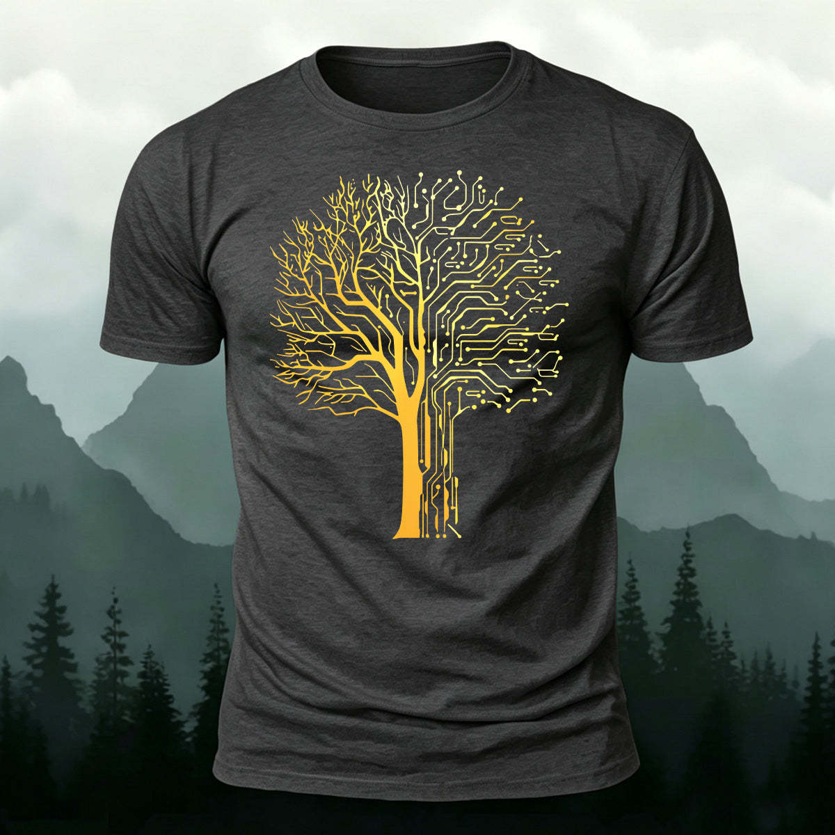 Tech-inspired tree print combed cotton T-shirt Dark Grey