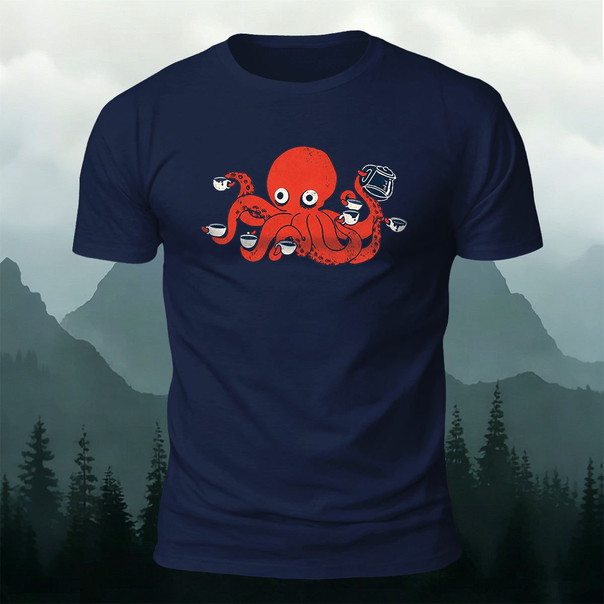 Cartoon Red Octopus Eating Print Comfortable Cotton Tee
