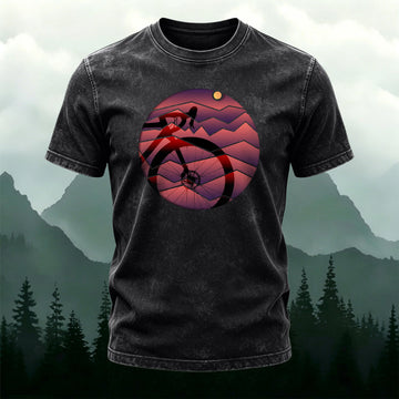 Bicycle Sunset Print Casual Washed Cotton T-Shirt
