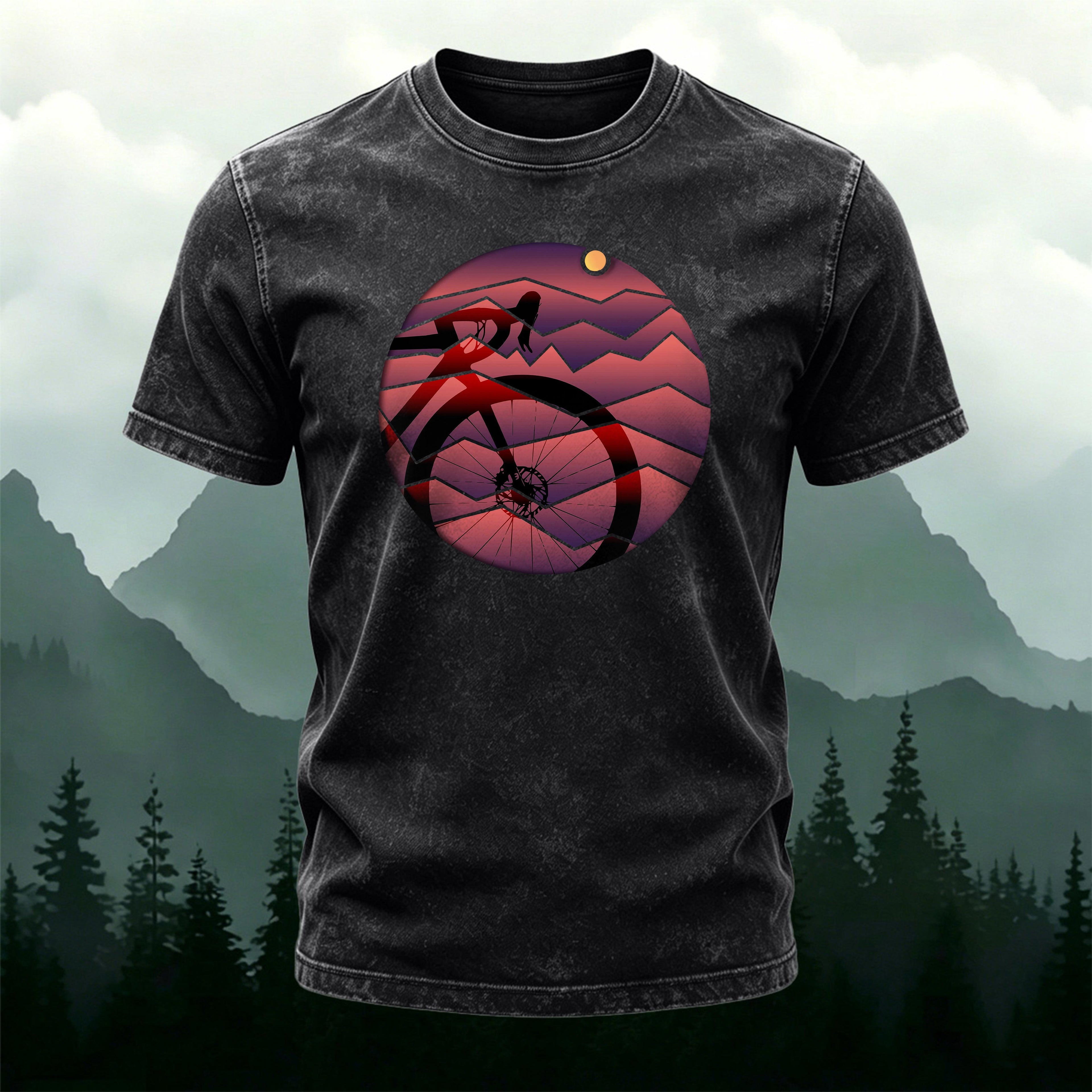Bicycle Sunset Print Casual Washed Cotton T-Shirt