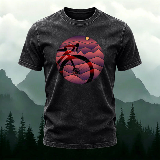 Bicycle Sunset Print Casual Washed Cotton T-Shirt