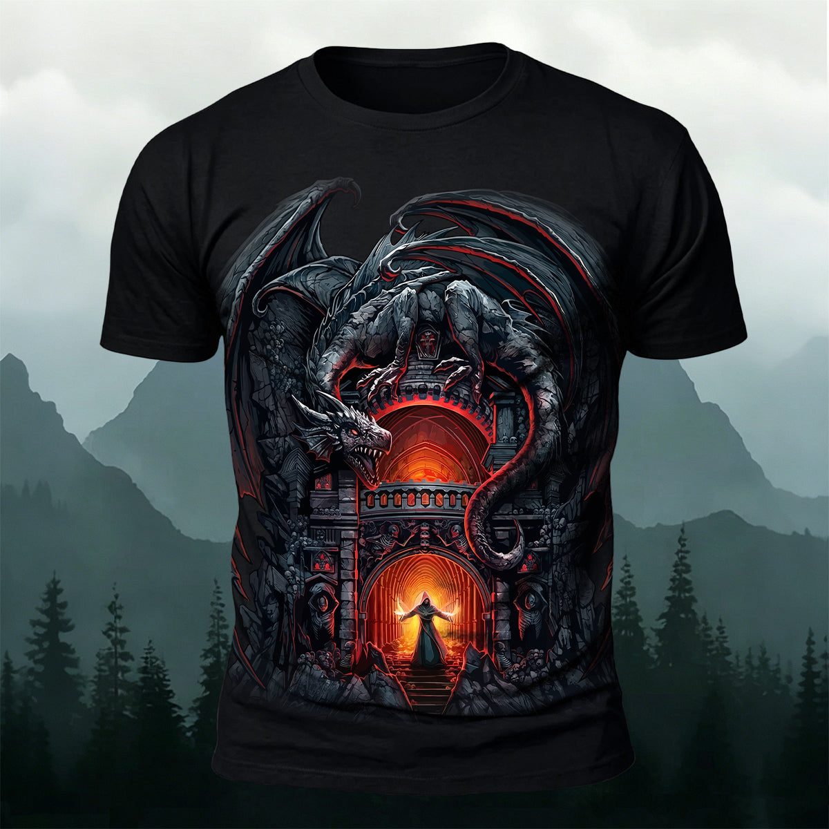 Dark Demon Dragon Print Vintage Casual T-shirt