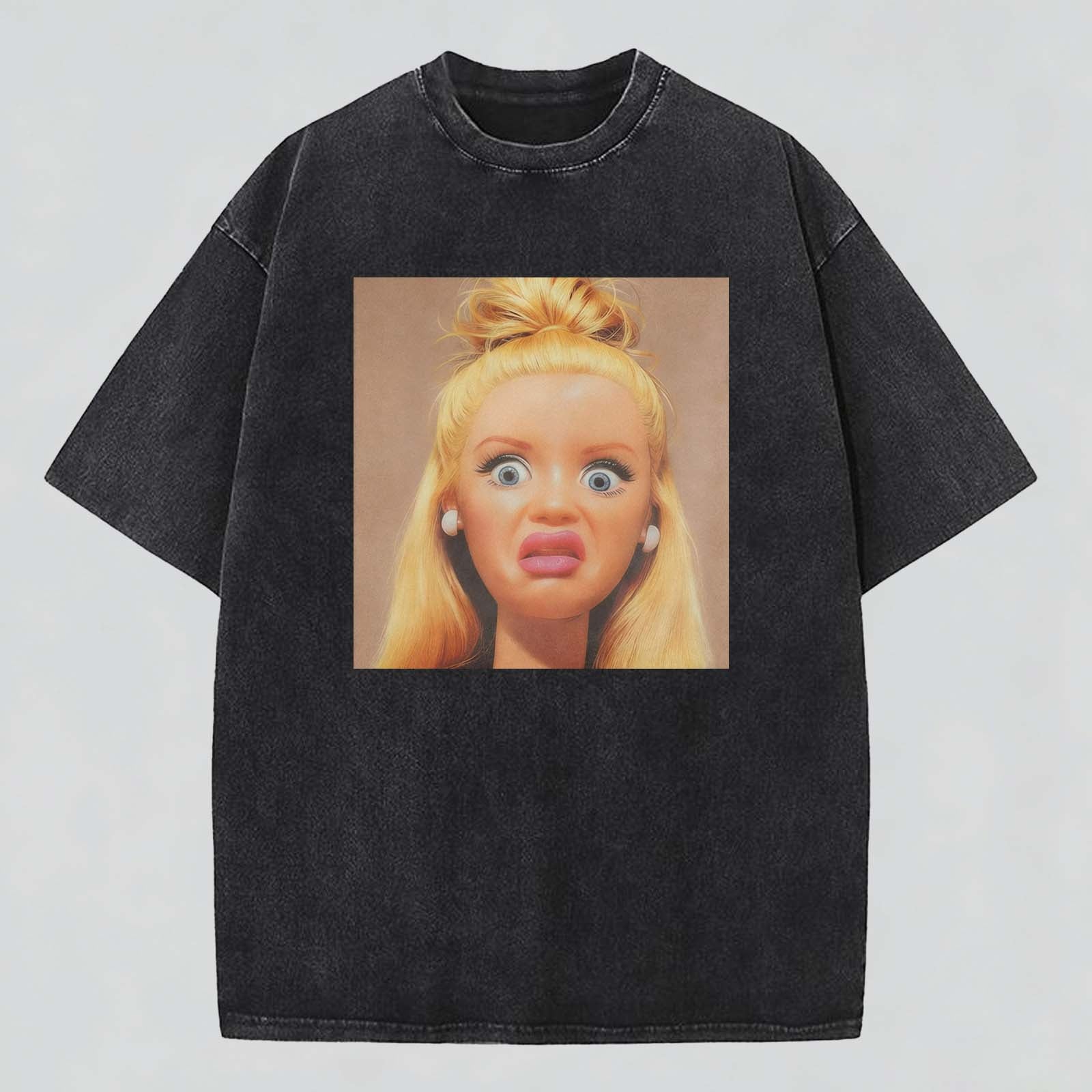 Shocked Face Print Washed Cotton Crew Neck T-Shirt