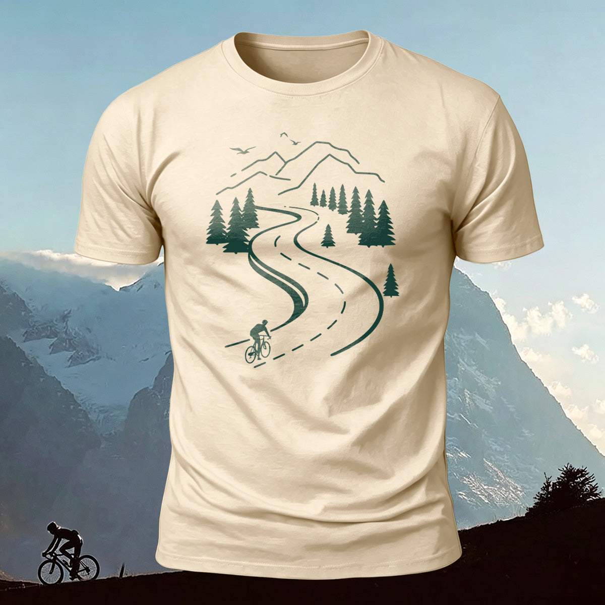 Cycling Print Casual Breathable Material T-Shirt Beige