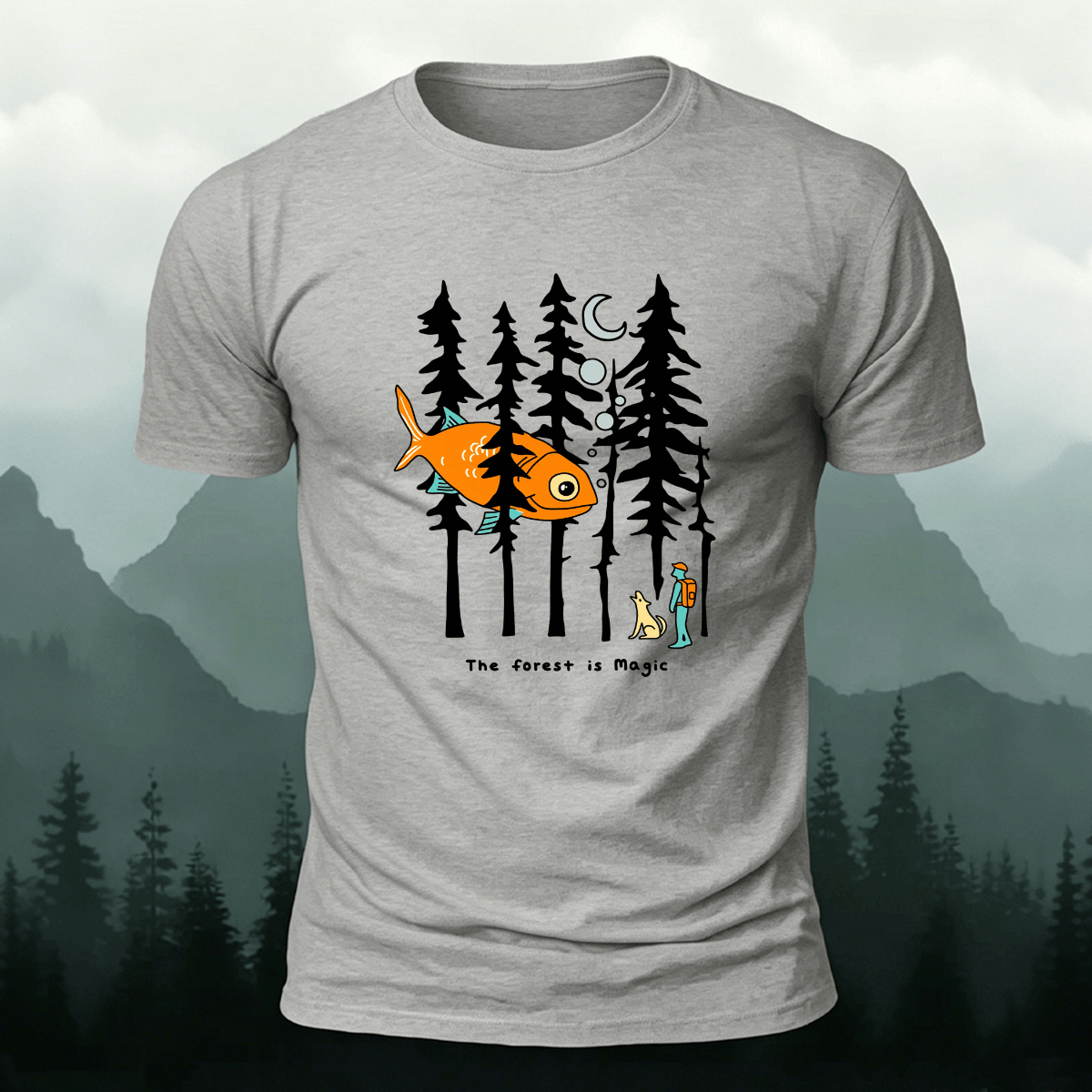 Fun Forest Print Outdoor Skin-friendly Casual T-Shirt Grey