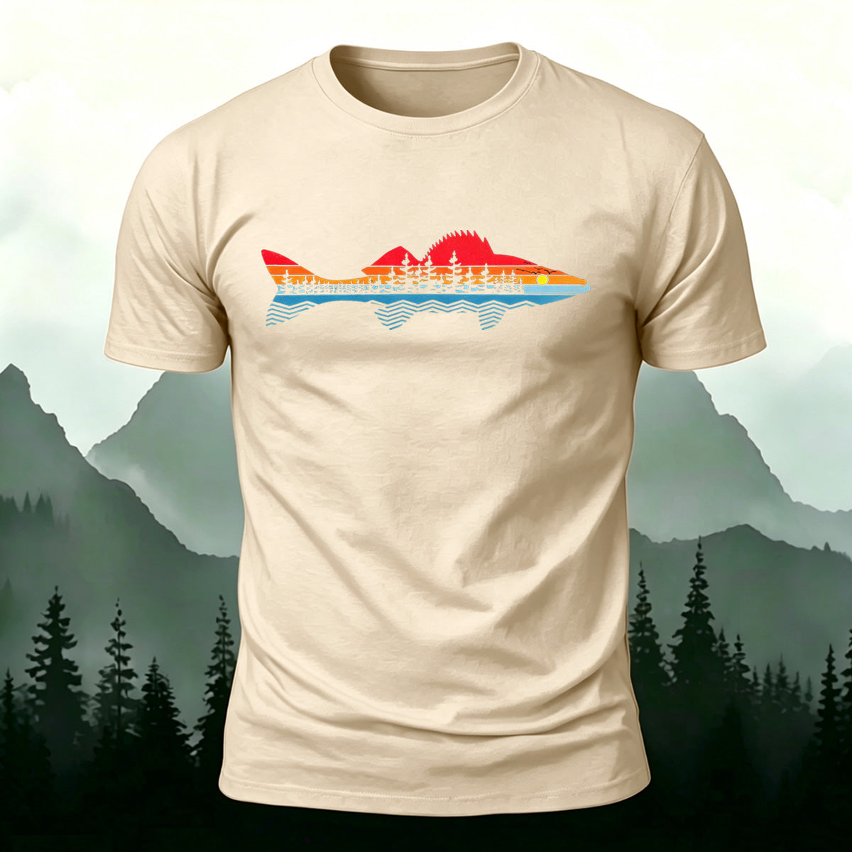 Morning Fishing Background Print Combed Cotton T-Shirt