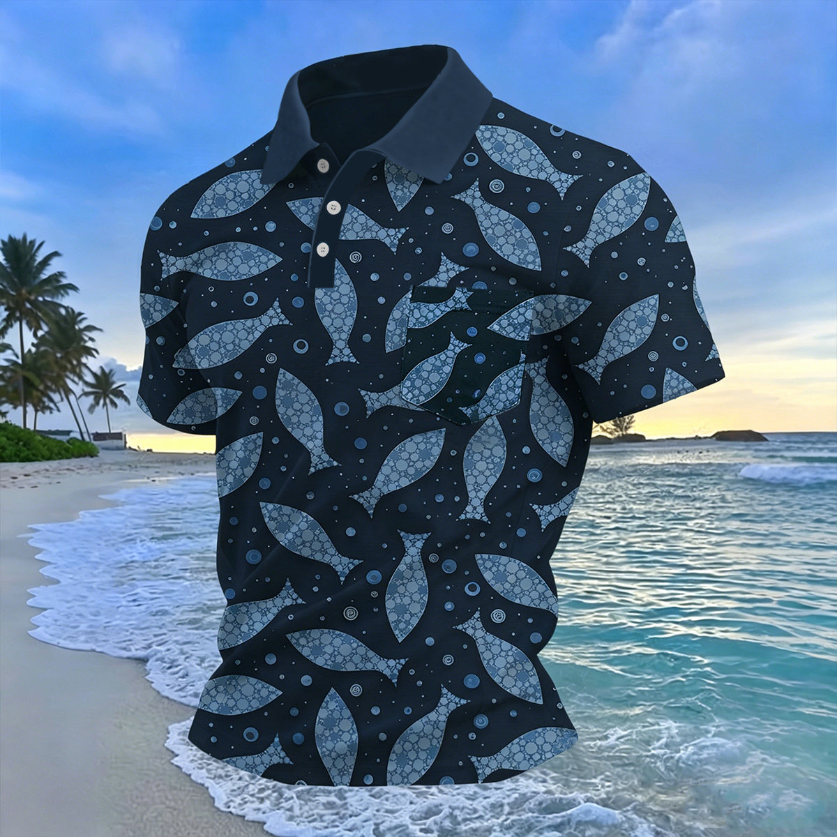 Deep-Sea Fish Print Slim-Fit Beach Resort Polo Shirt