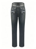 Street Style Rhinestone Fit Skull Denim Long Pants