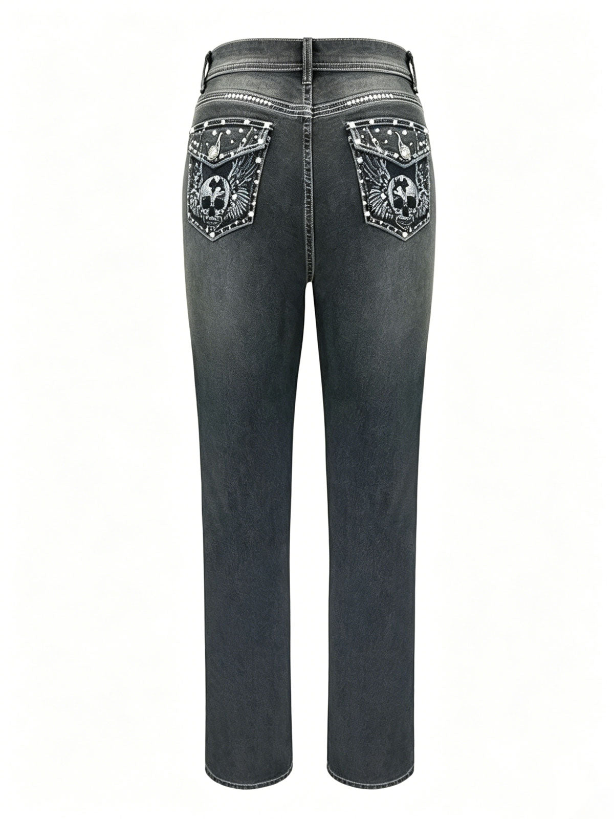 Street Style Rhinestone Fit Skull Denim Long Pants