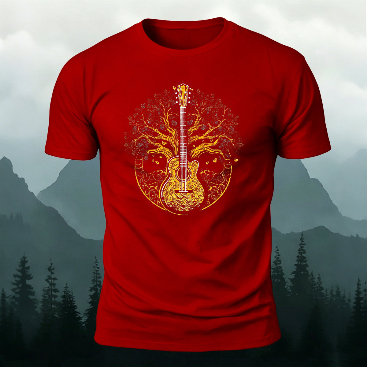 Guitar God Tree Trend-Print Casual Cotton T-Shirt