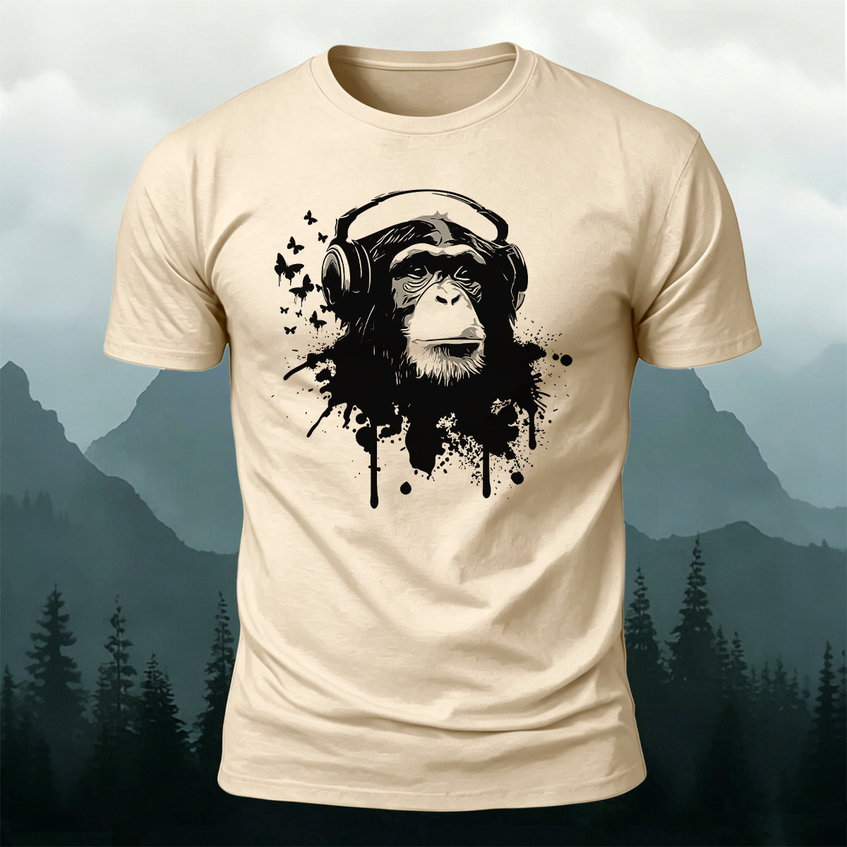 Gorilla Headphones Print Casual Cotton T-Shirt Beige