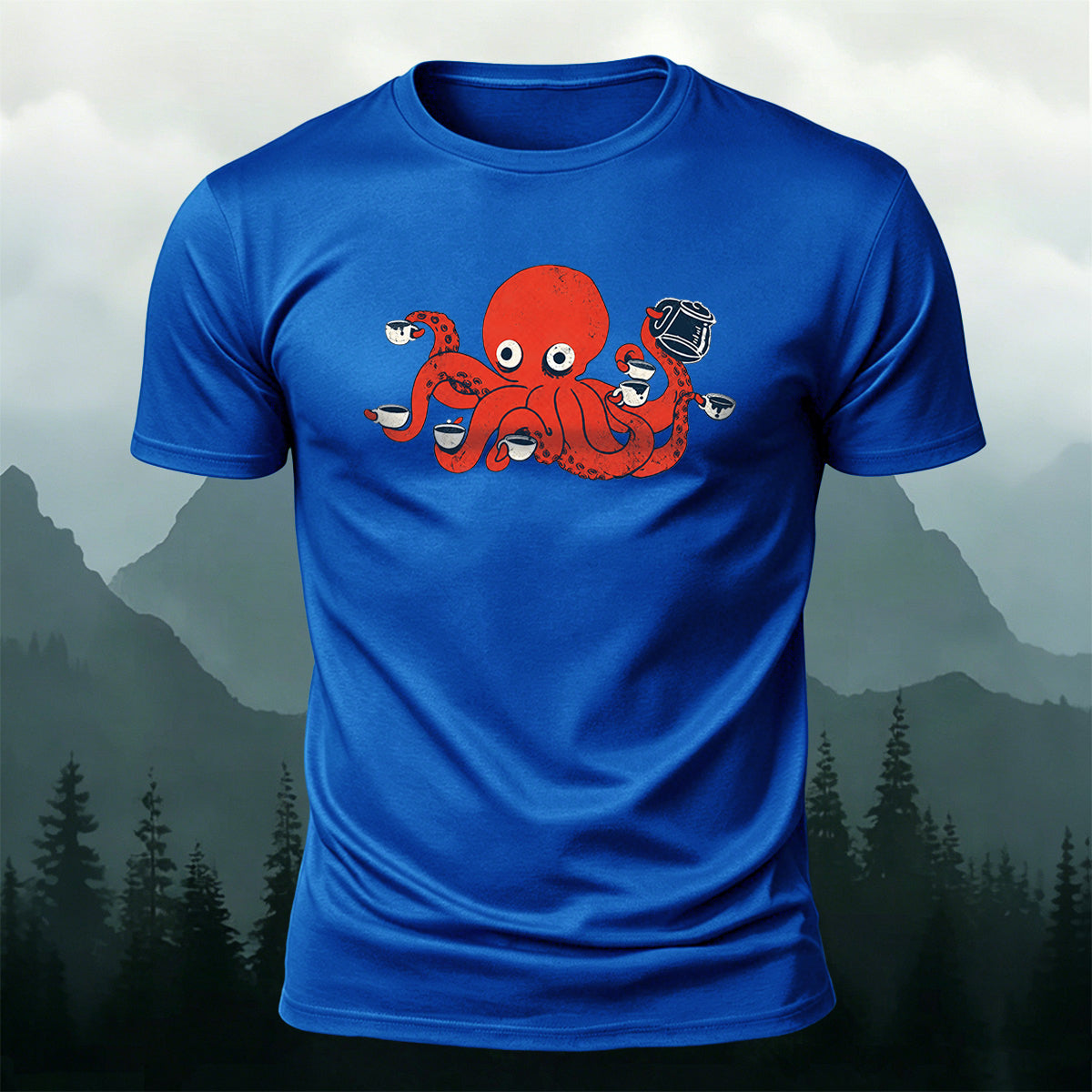 Cartoon Red Octopus Eating Print Comfortable Cotton Tee