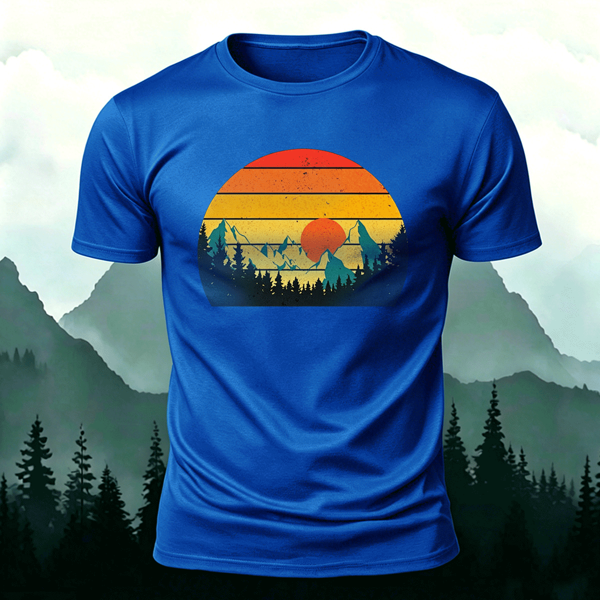Sunset Scenery Print Vintage Skin-friendly T-Shirt Blue