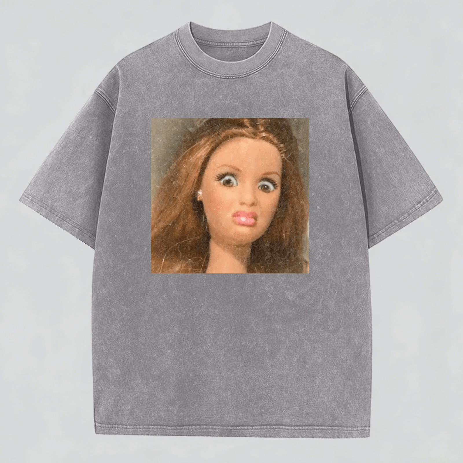 Disdainful Face Print Washed  Cotton Crew Neck T-Shirt