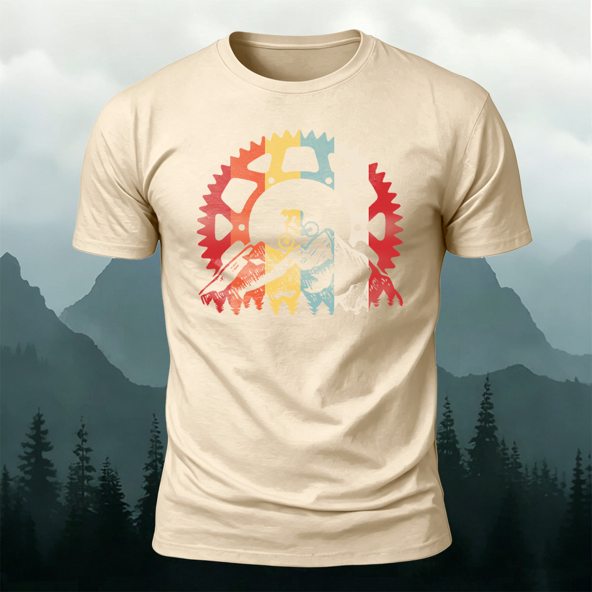 Colorful Bicycle Gear Print Combed Cotton T-Shirt