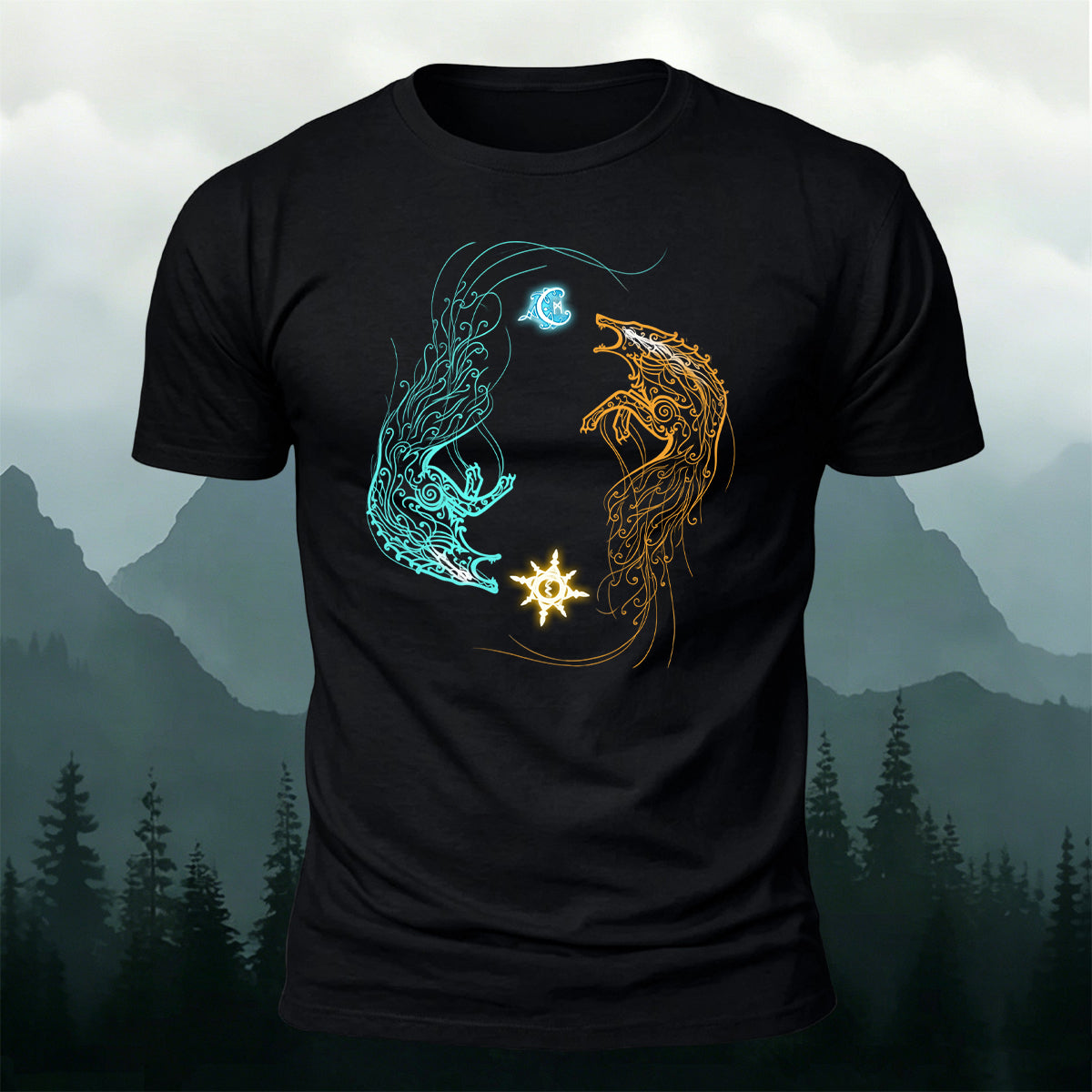 Sun and Moon Chasing Totem Print Versatile  Cotton Tee