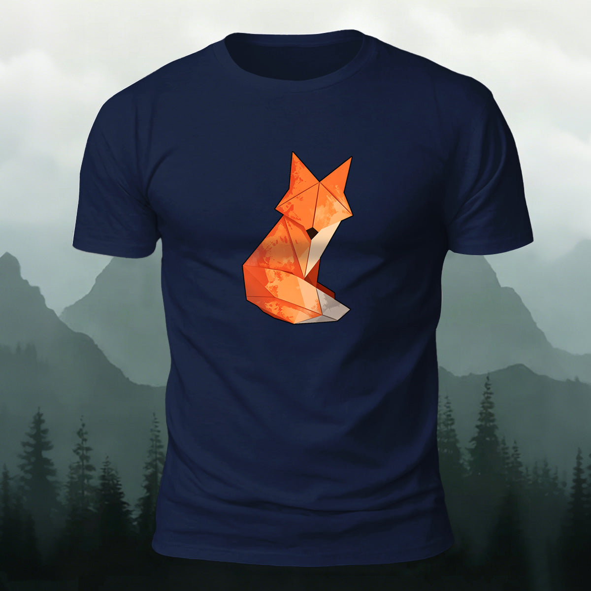 Origami Fox Print Premium Cotton Casual T-Shirt Navy