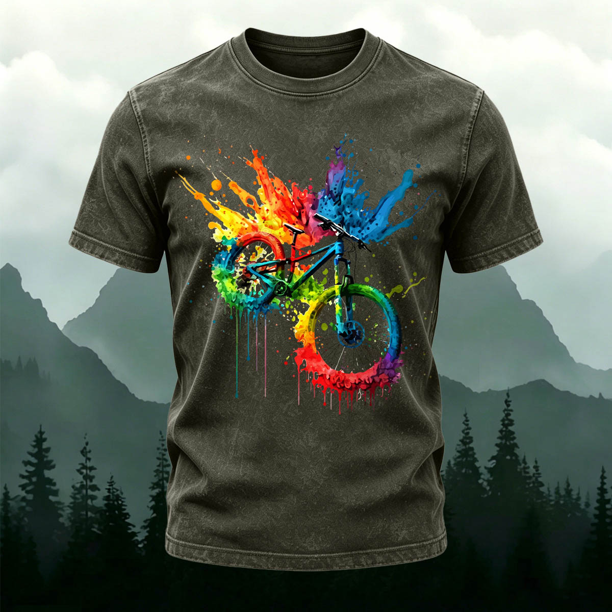 Painted Bicycle Outdoor Casual Washed Cotton T-Shirt