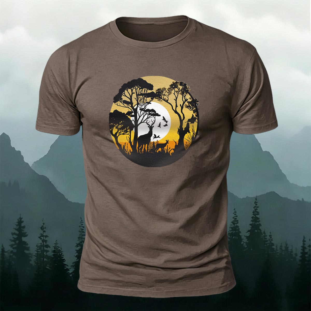 Lone Wolf in the Twilight Forest Printed Cotton Crew Neck T-Shirt