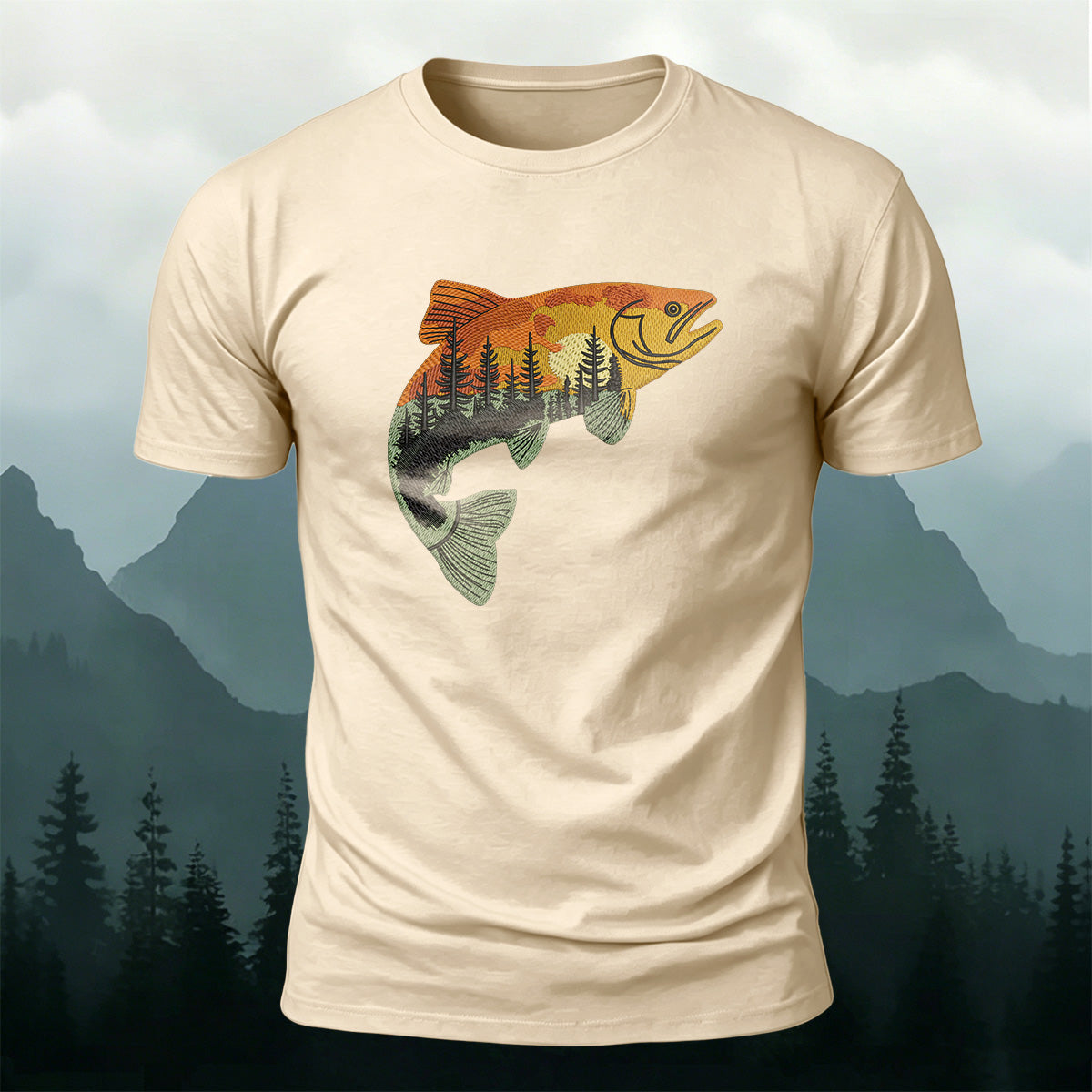 Forest Fish Illustrated Embroidered 100% Cotton Tee