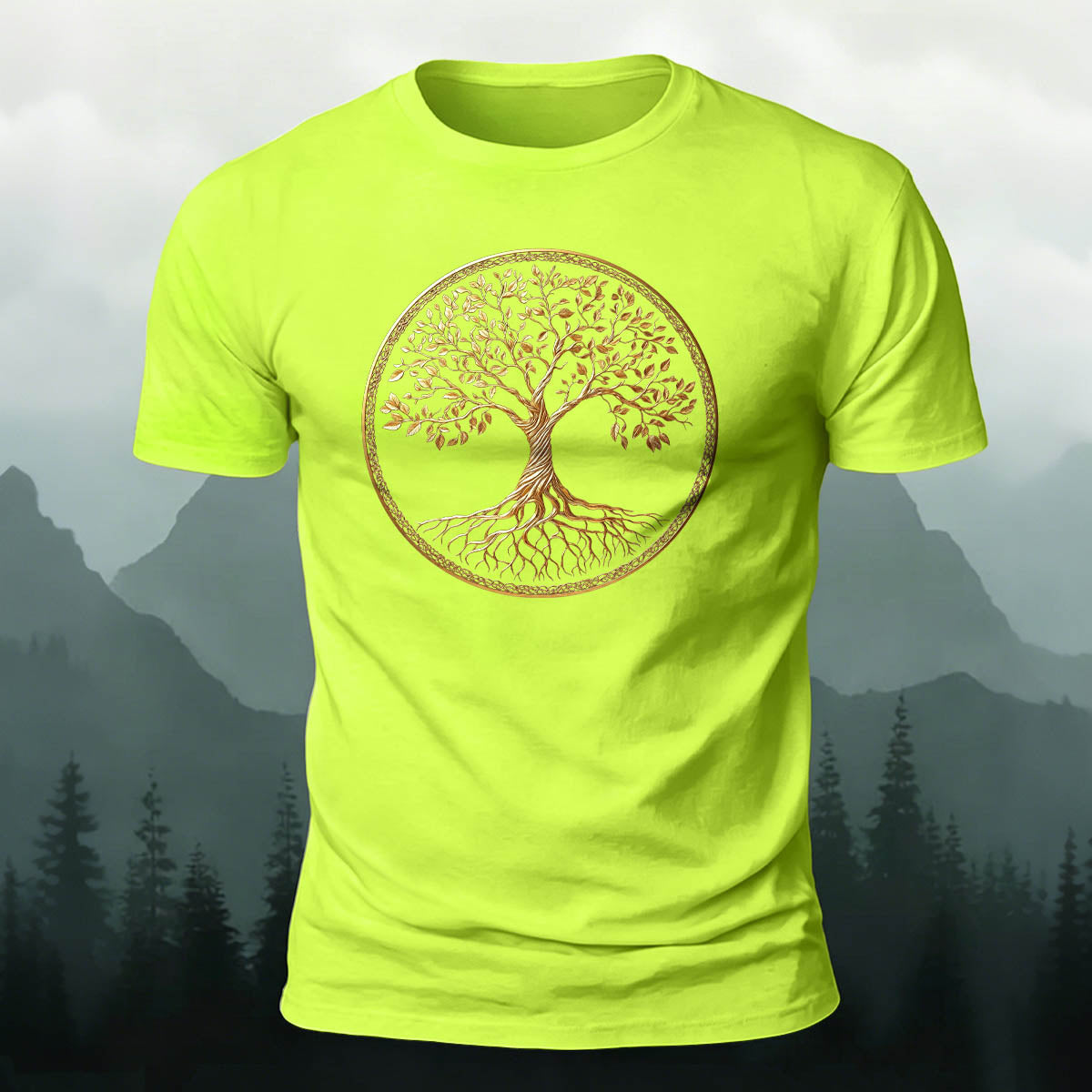 Golden Tree of Life Printed Cotton Crew Neck T-Shirt