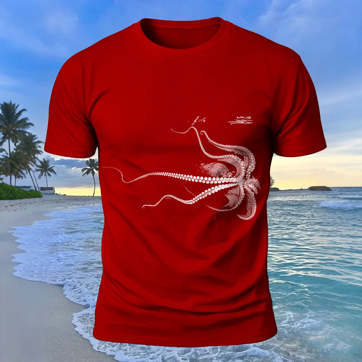 Octopus Silhouette Print Casual Cotton T-Shirt