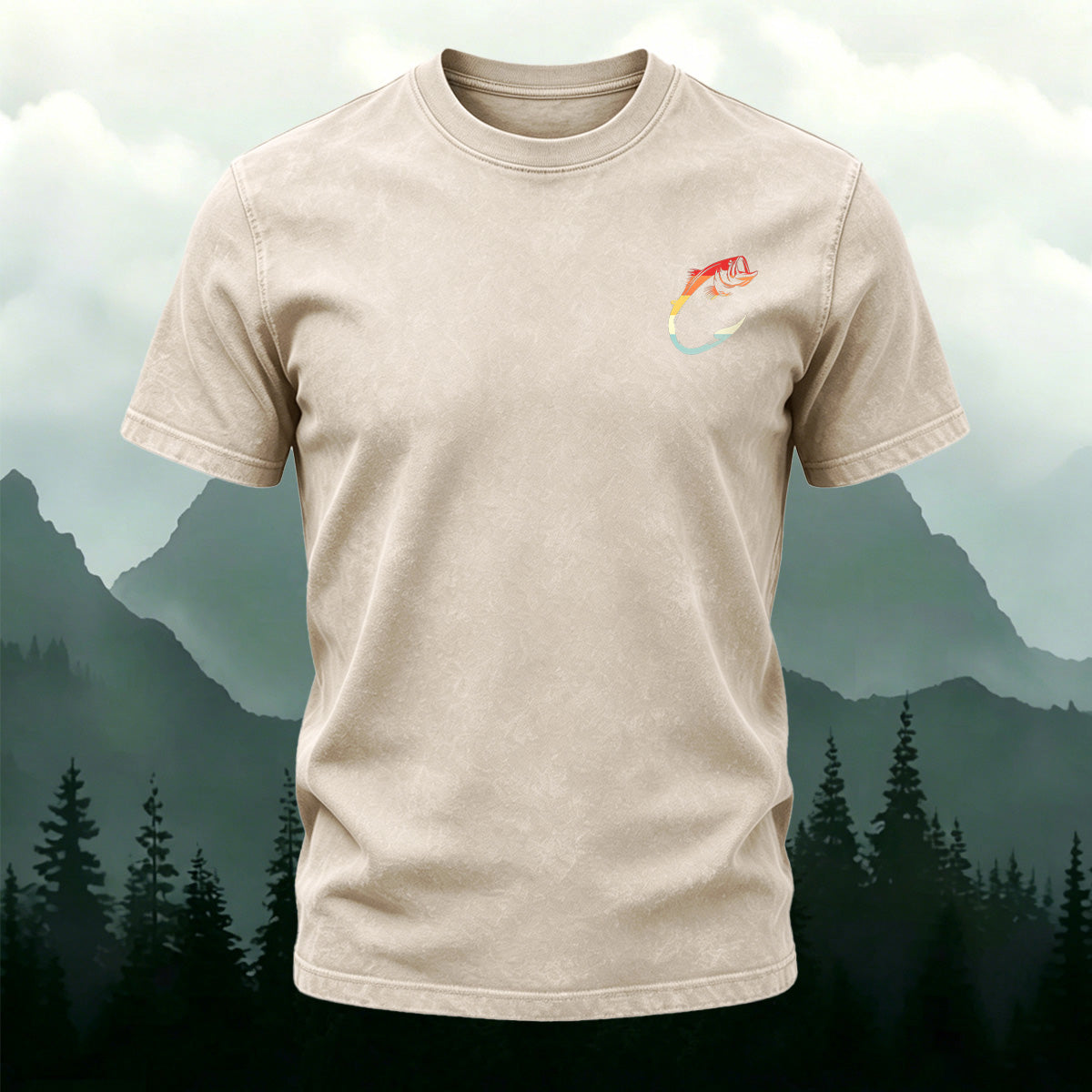 Fish Pattern Minimalist Style Washed Cotton Casual T-Shirt Apricot