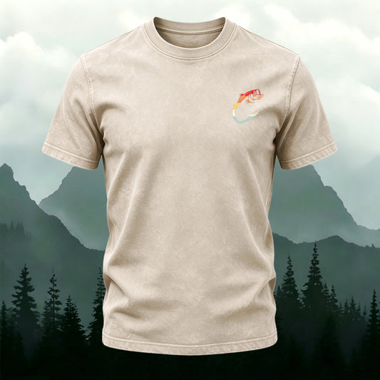 Fish Pattern Minimalist Style Washed Cotton Casual T-Shirt Apricot