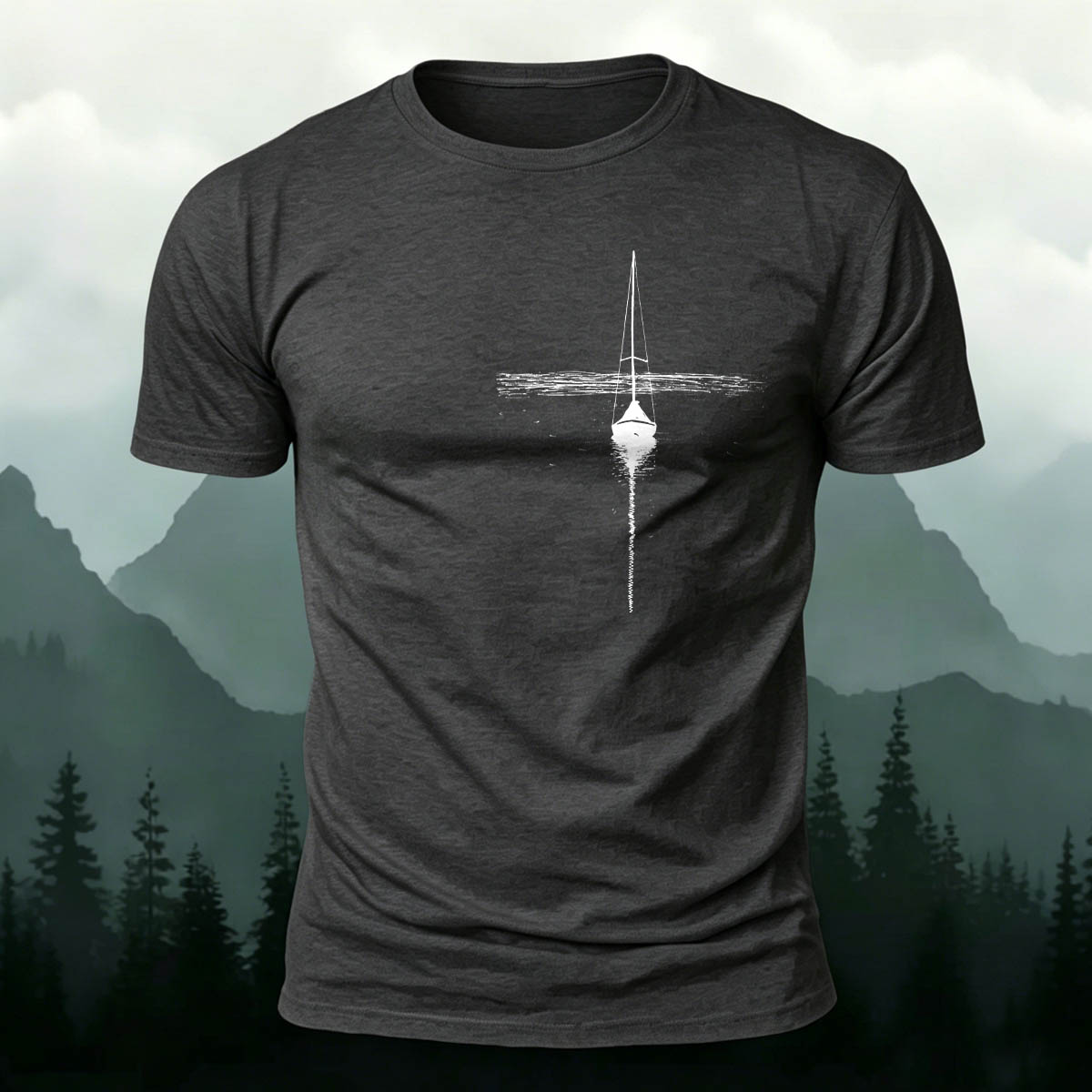Silhouette of a Lonely Fishing Boat Print  Cotton T-Shirt