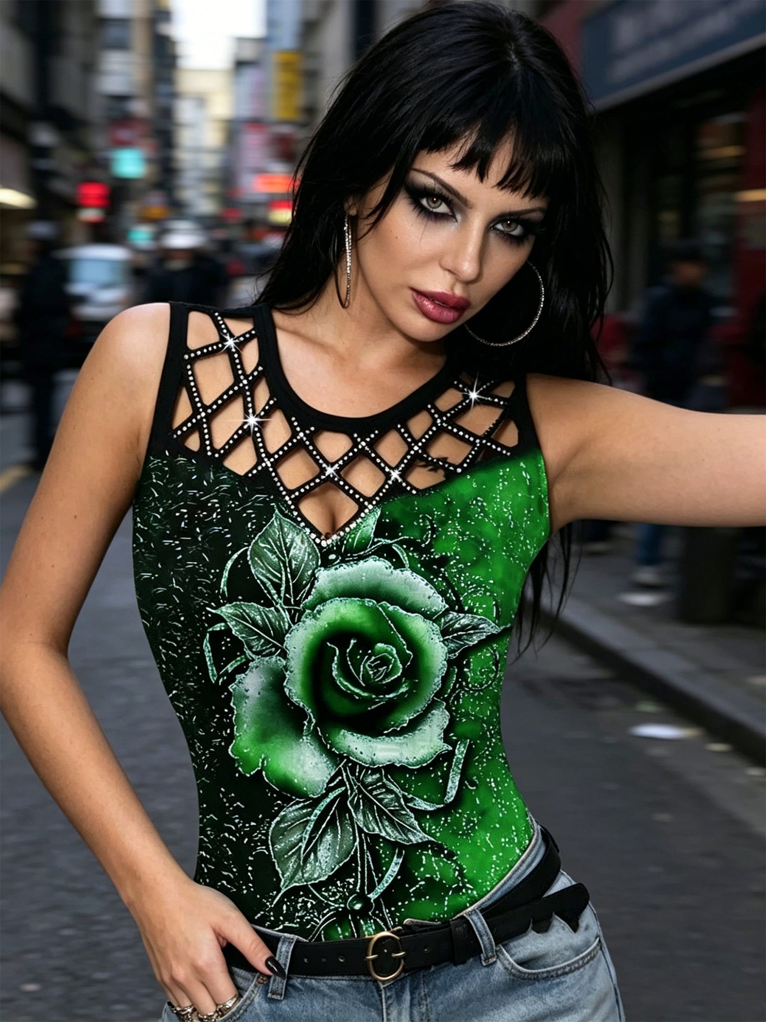 Wish3D Rose-Patterned Openwork Rhinestone Crop Top