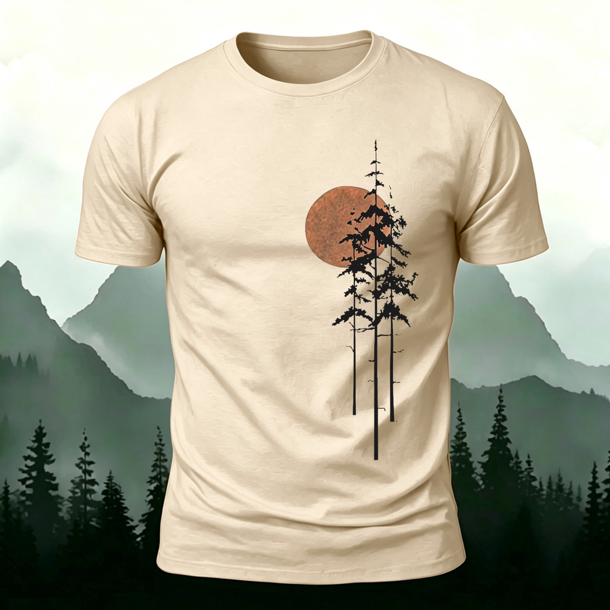 Retro Sunset Pine Tree Print Cotton T-Shirt Beige