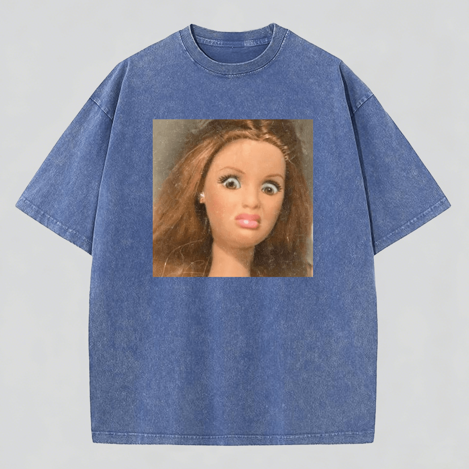 Disdainful Face Print Washed  Cotton Crew Neck T-Shirt