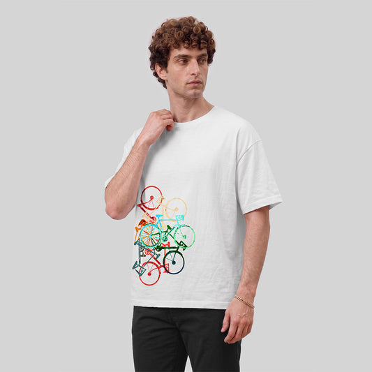 Colorful Bicycle Printed Soft-touch Feel Casual T-Shirt