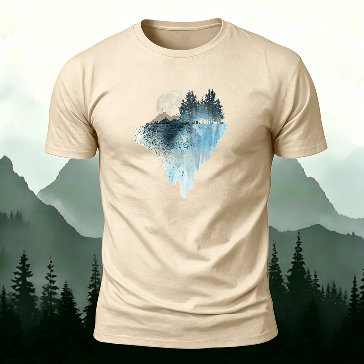 Natural Scenery Print Breathable Material Casual T-Shirt Beige