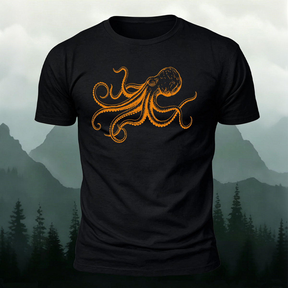 Octopus Minimalist Pattern Breathable Material Casual T-Shirt Black