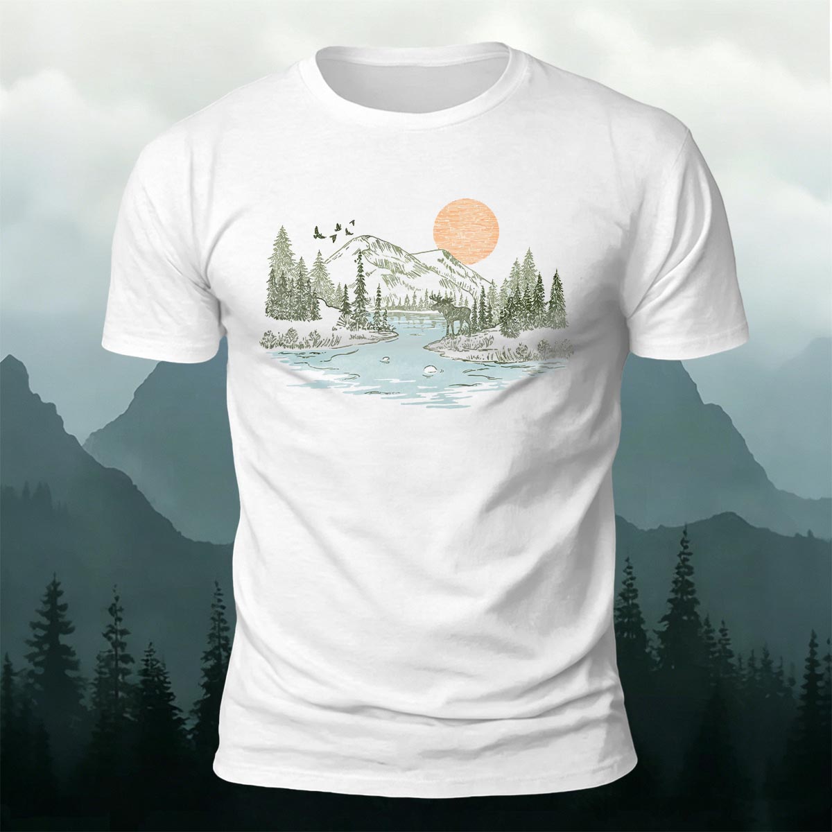 Sunrise Mountain Scenery Illustration Print Casual Cotton T-Shirt