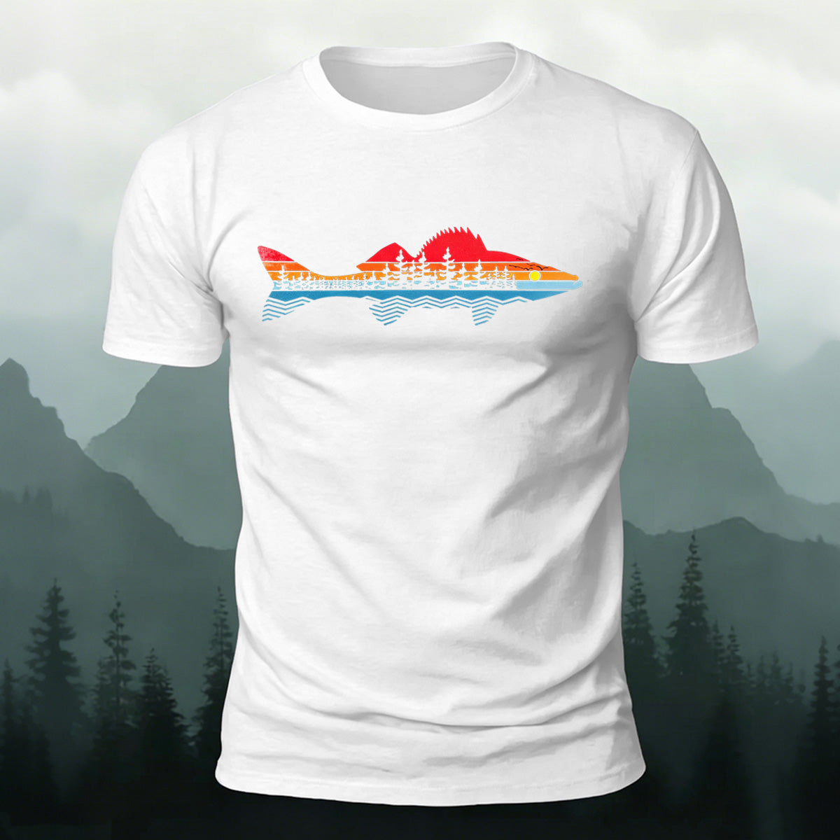 Morning Fishing Background Print Combed Cotton T-Shirt