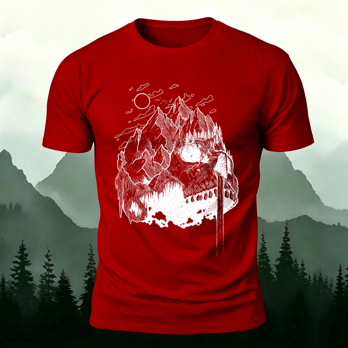 Creative Mountain-Shaped Skull Skin-Friendly T-Shirt Red