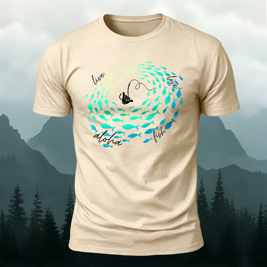 Stylish Fishing-Print Soft-Touch Cotton T-Shirt Beige