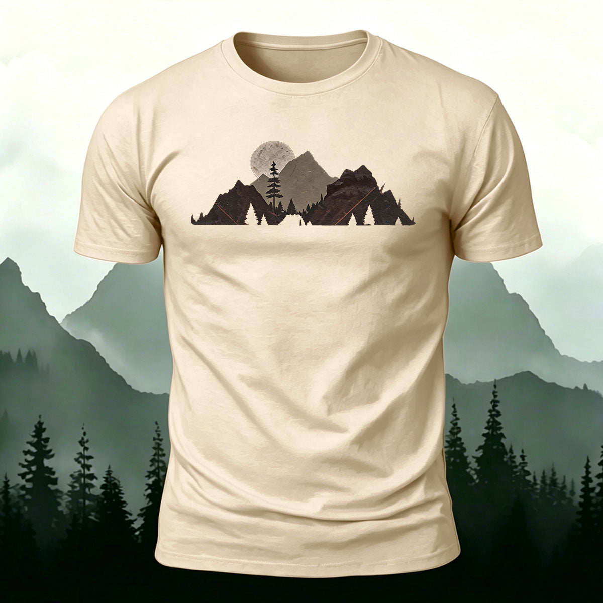 Mountain Landscape Pattern Natural Style Casual T-Shirt Beige