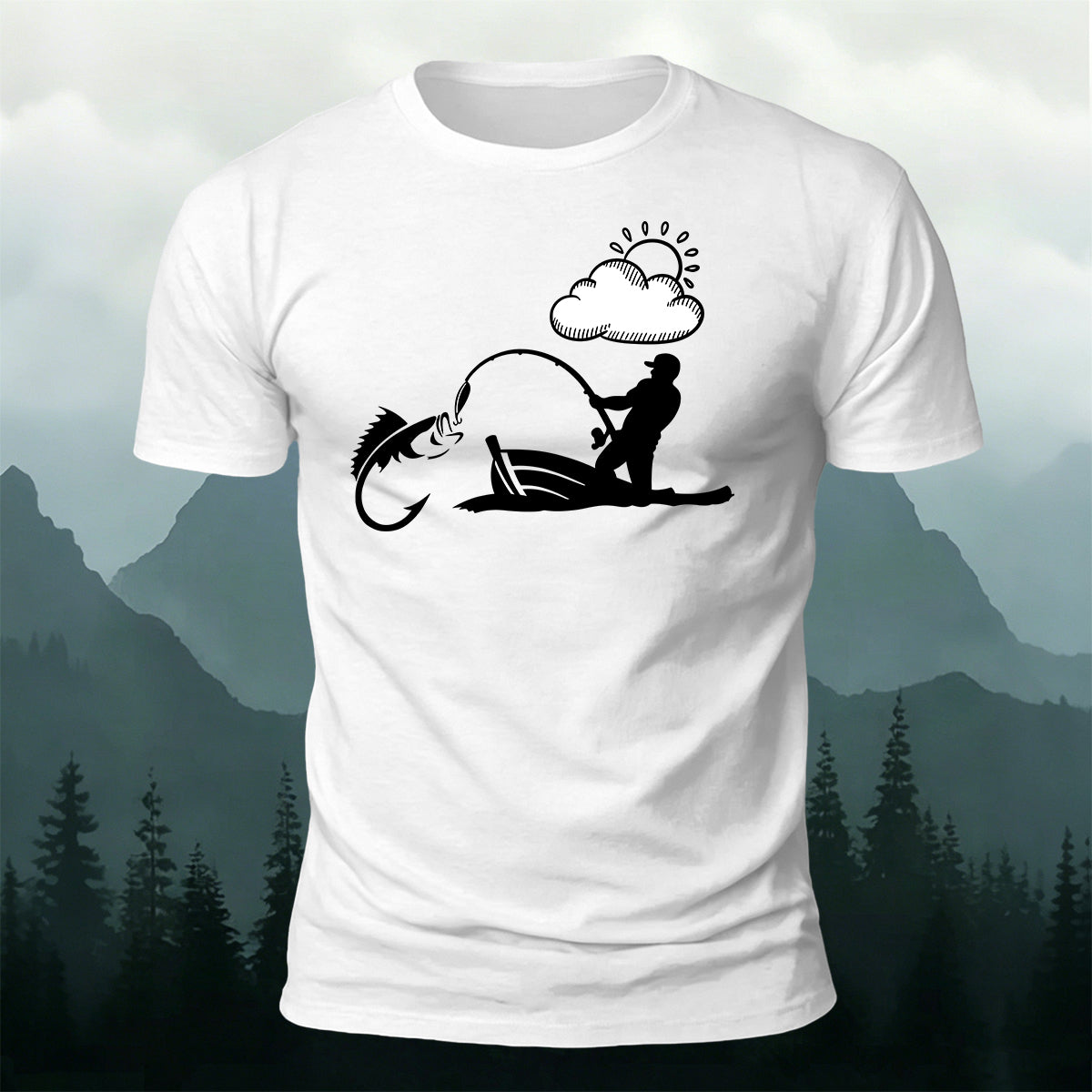 Outdoor Fishing Silhouette Print  Round-Neck Cotton T-Shirt