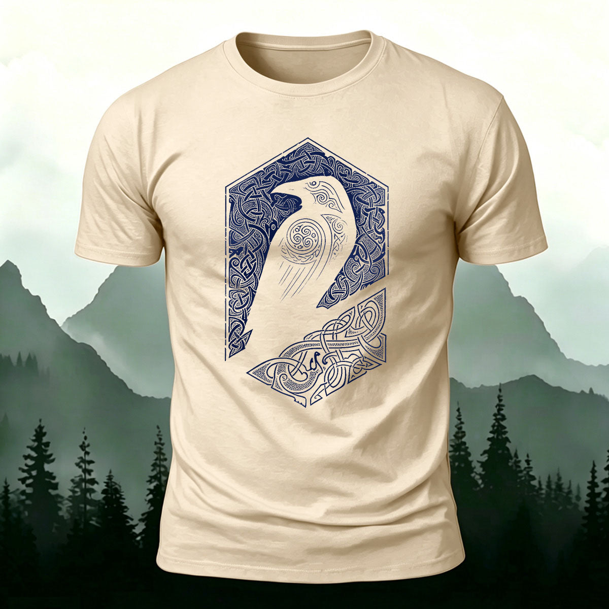 Bird Pattern Mountain-Style Comfortable Casual T-Shirt Beige