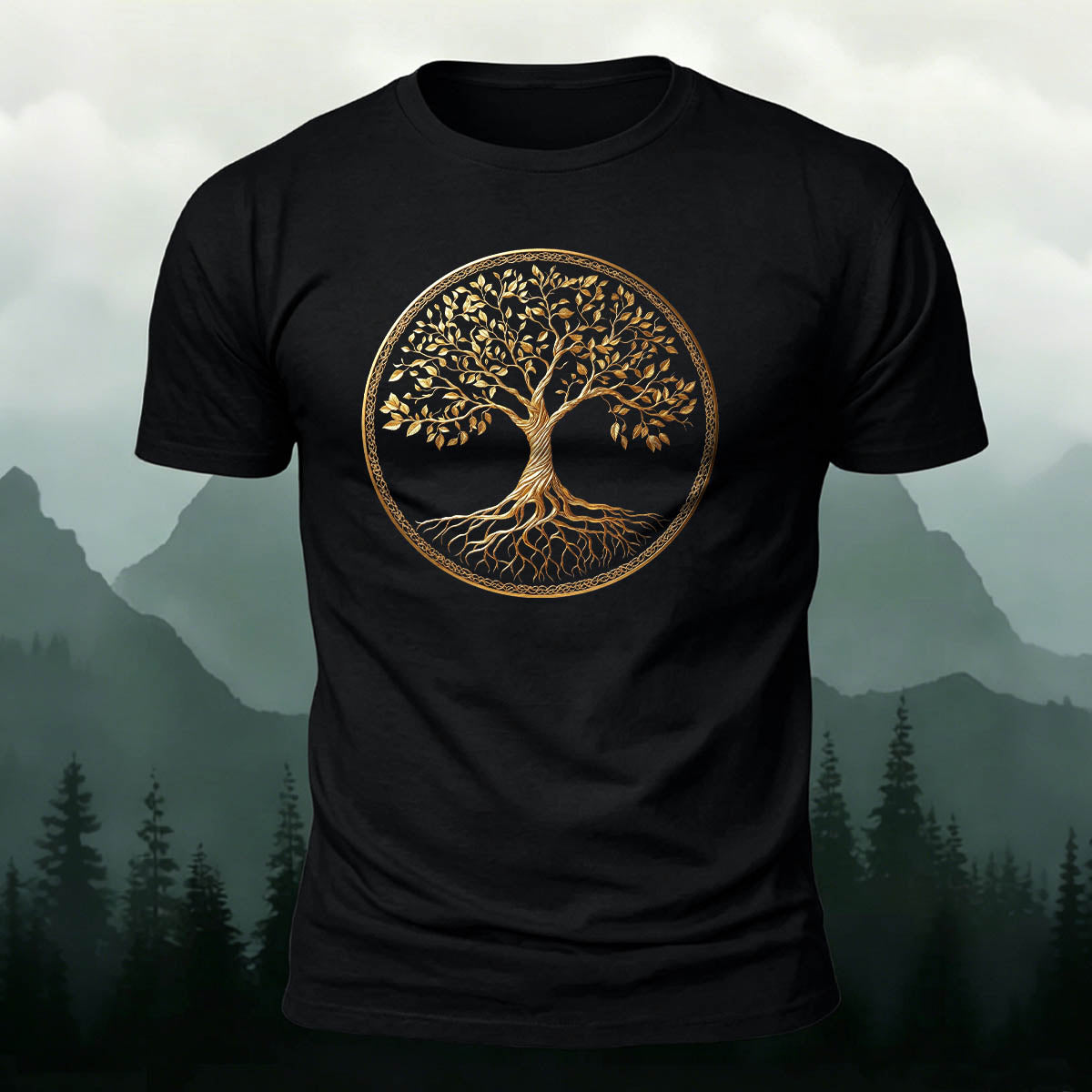 Golden Tree of Life Printed Cotton Crew Neck T-Shirt