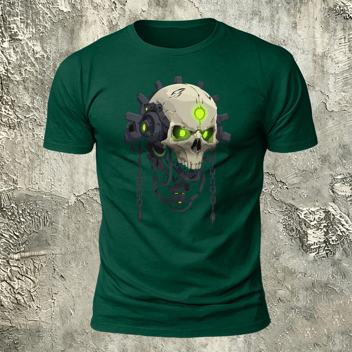 Mechanical Skull Print Cotton Crew Neck T-Shirt